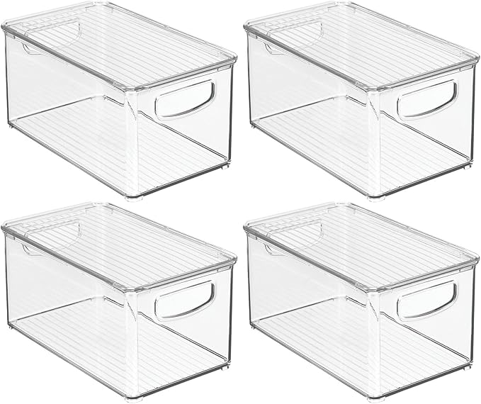 mDesign Plastic Deep Storage Bin Box Container with Lid and Built-In Handles - Organization for Fruit, Snacks, or Food in Kitchen Pantry, Cabinet, or Cupboard, Ligne Collection, 4 Pack, Clear