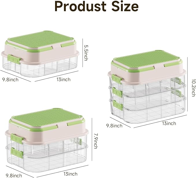 Toy Storage Organizer Box with Handle, Stackable Building Block Toy Box with Building Plate Lid & Removable Sorting Trays, Cubby Bins and Containers 3 Layer (Green)