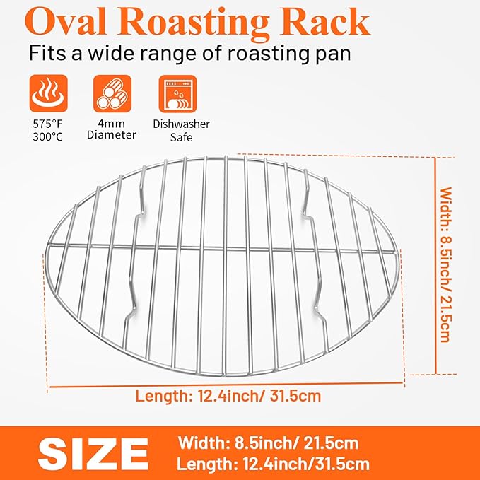 12inch Oval Roasting Rack for Oven, Gifts for Mom Men Wife, Stainless Steel Cooling Rack, Non-Stick Wire Rack for Cooking, Grilling, Drying
