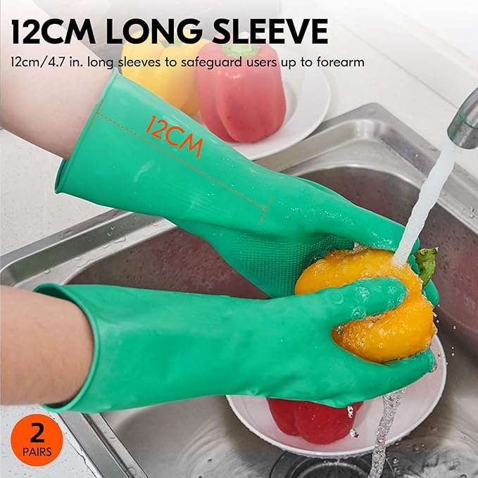Vgo... 2-Pairs Reusable Household Gloves, Rubber Dishwashing gloves, Extra Thickness, Long Sleeves, Kitchen Cleaning, Working, Painting, Gardening, Pet Care (Size XL, Green, HH4601)