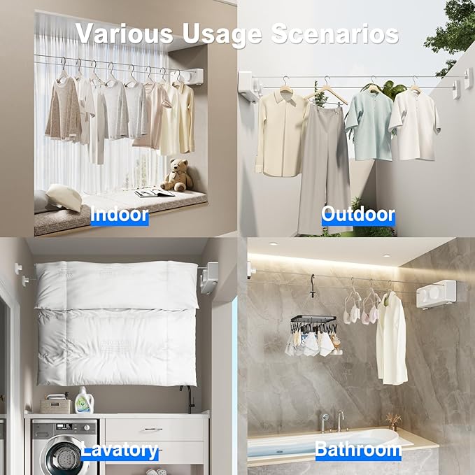 Retractable Twin Clothesline Indoor, Non-Sagging Outdoor Clothes Line Retracting Heavy Duty Clothes Drying Laundry Line Wall Mounted Stainless Steel Line-13.8Feets(Double Line-White)