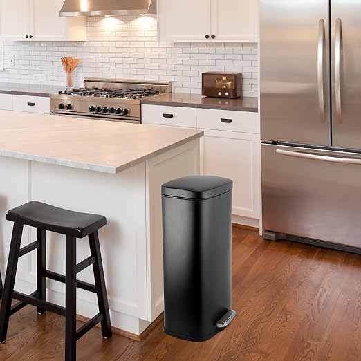 AthLike Trash Can, Stainless Steel Kitchen Garbage Can, Step Waste Bin with Hinged Lid and Removable Inner Bucket, Soft-Close, Dustbin for Bathroom Bedroom Living Room Home (Black, 8 Gal)