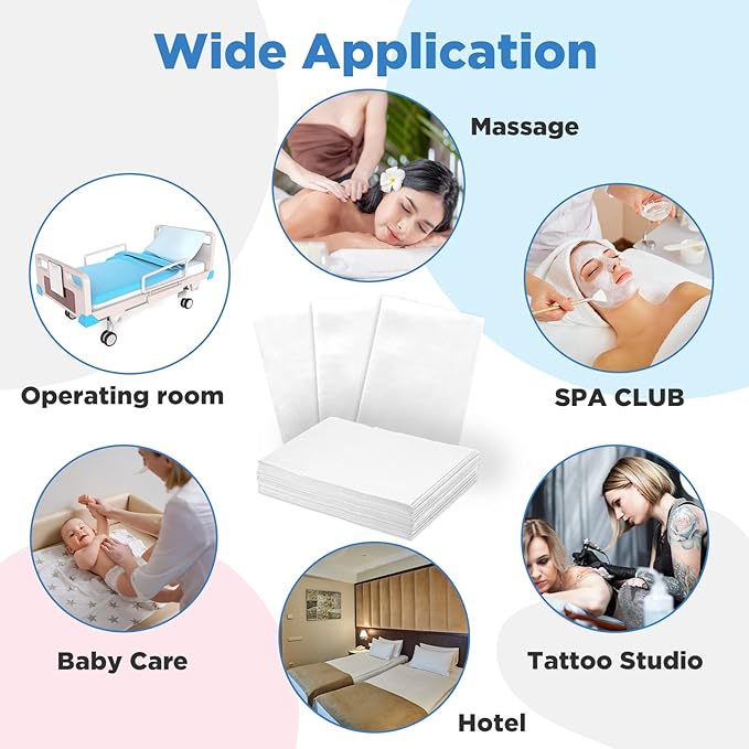 Tegeme 150 Pieces Disposable Massage Table Sheets 31" x 70" Waterproof Bed Sheets Non Woven Bed Cover for Massage Table Beauty Salons Tatto Spa Hotels(White)