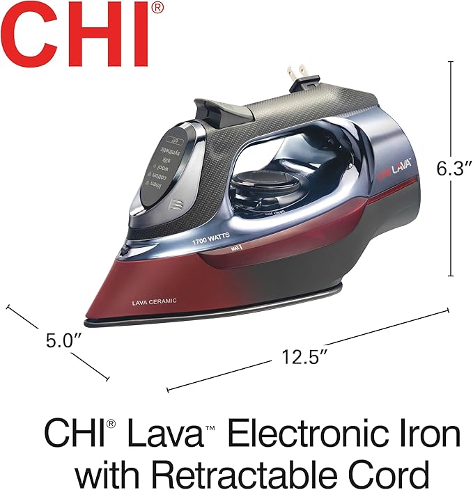 CHI Steam Iron for Clothes with 8’ Retractable Cord, 1700 Watts, 3-Way Auto Shutoff, 400+ Holes, Professional Grade, Temperature Control Dial, Lava Infused Ceramic Soleplate, Black (13113)