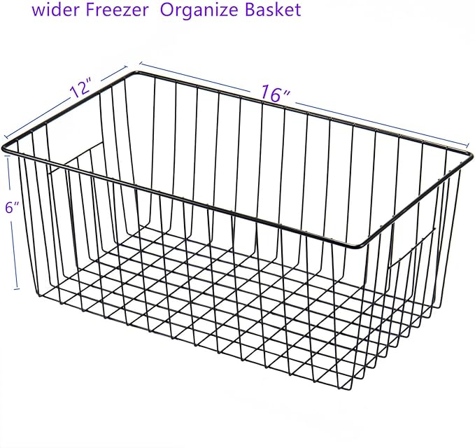16" L x 12" W Wider Freezer Storage Organizer Baskets Container, Deep Metal Wire Chest Upright Refrigerator Divider with Built-in Handles for Cabinet, Pantry, Closet, Kitchen, Black