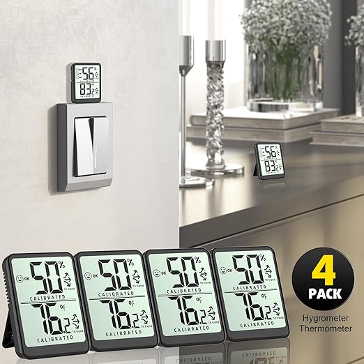 4-Pack Room Thermometer Indoor Hygrometer, Small Digital Temperature and Humidity Monitor Sensor, Temperature Humidity Gauge Meter for Home Baby Room, Plants, Pets - AAA Battery Included