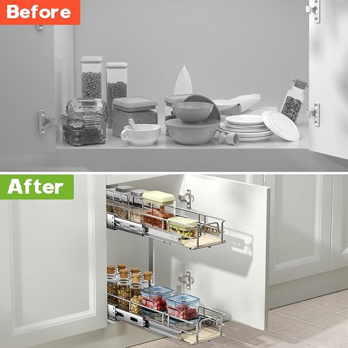 ROOMTEC 2 Tier Individual Pull Out Cabinet Organizer 5½"W x 21½"D, Slide Out Wood Shelves Organizers, Pull Out Drawers Organization and Storage for Kitchen Cabinet