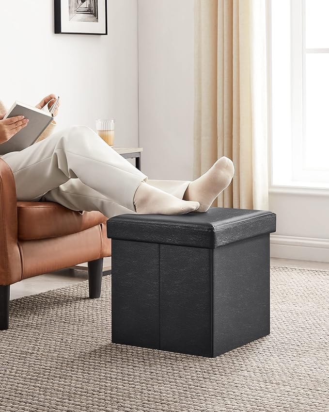 SONGMICS MAZIE Collection - 15 Inches Ottoman with Storage, Footstool, Storage Ottoman, Load 660 lb, for Dorm, Living Room, Bedroom, Synthetic Leather, Black ULSF101