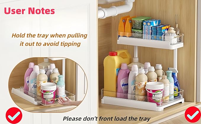 heart & home 1-Pack Under Sink Storage Organizer for Kitchen & Bathroom Cabinets with Removable Washable Tray, Tool-Free Assembly – Multi-Purpose for Kitchen Countertop, Vanity, & Laundry Room,White