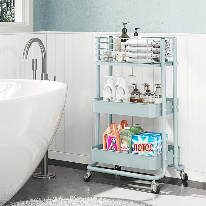 KINGRACK 3 Tier Rolling Cart, Metal Mobile Storage Shelf with Lockable Wheels, Prevent Falling Utility Trolley Cart, Storage Organizer for Kitchen, Office, Bathroom, Dorm, Green