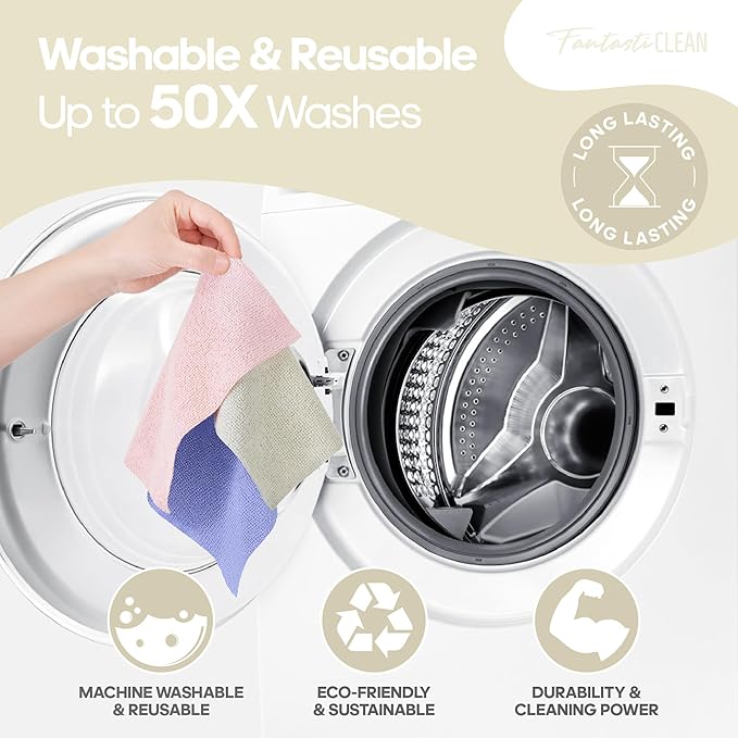 Fantasticlean Microfiber Cleaning Cloth Roll 2 Rolls 120 Pack, Tear Away Paperless Towels, 8" x 8", Reusable Washable Rags, Home Kitchen, Pet, Office, Indoor Outdoor, Portable (Pink and Off-White)
