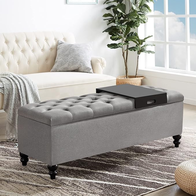 Storage Ottoman 50.2 Inches Upholstered Fabric Storage Ottoman Bench,Button Tufted Ottoman with Storage for Living Room,Bedroom End of Bed Bench Withstands 301lbs(Grey-TP)