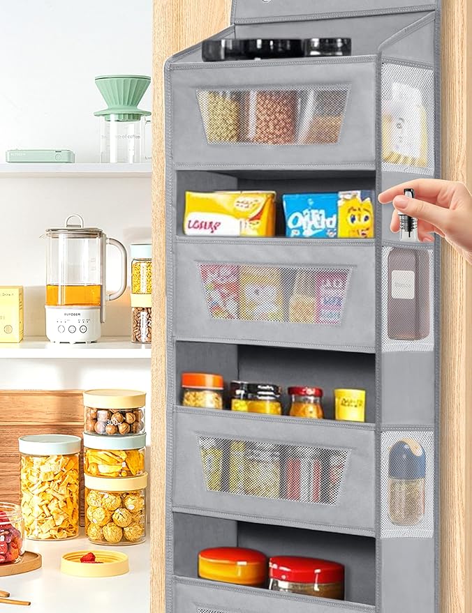 Meolsaek Over the Door Organizer,46lbs Load and Anti-Tilt Design,5 Tier Behind the Door Storage 5 Side Pockets,Perfect for Closet Organizers, Bathroom Storage