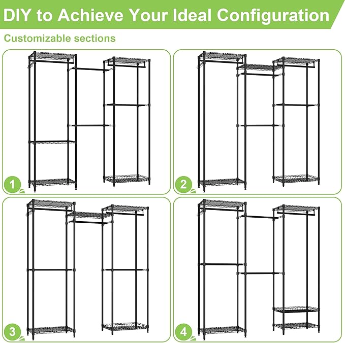 Heavy Duty Clothes Rack, Freestanding Garment Rack System Closet Organizer for Hanging Clothes, Metal Wire Clothing Rack with 5 Shelves & 5 Rods,Adjustable Wardrobe Shelf,Black