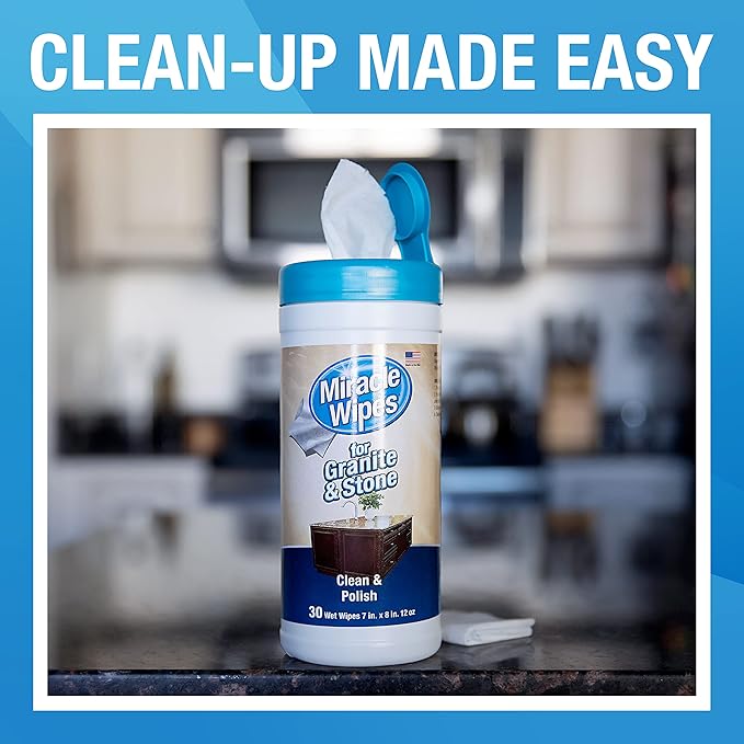 MiracleWipes for Granite & Stone, Clean, Protect, Polish Stone, Marble, Quartz, Slate, Tile, Laminate Surfaces in Kitchen and Bathroom - 30 Count