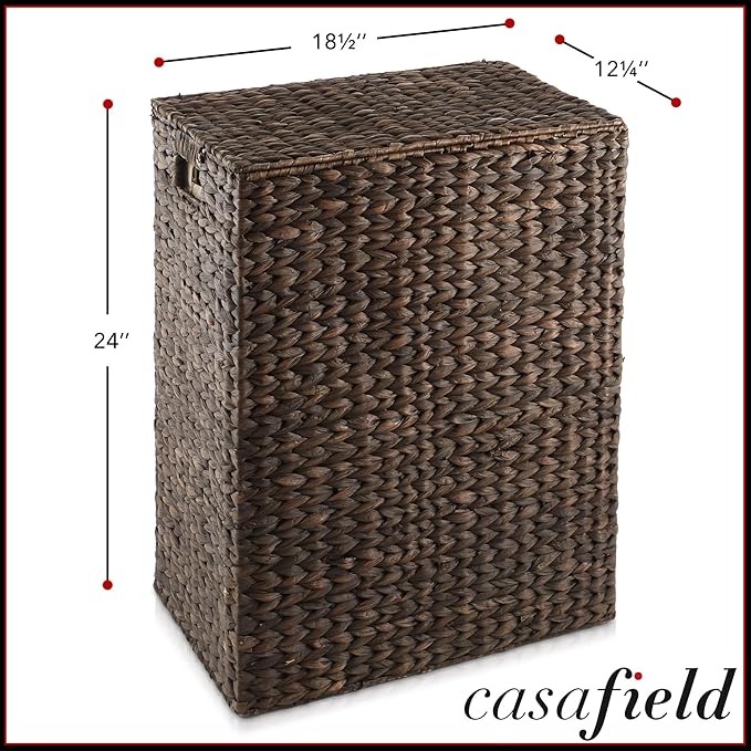 Casafield Large Laundry Hamper with Lid and Removable Liner Bag - Espresso, Woven Water Hyacinth Rectangular Laundry Basket Sorter for Clothes and Towels