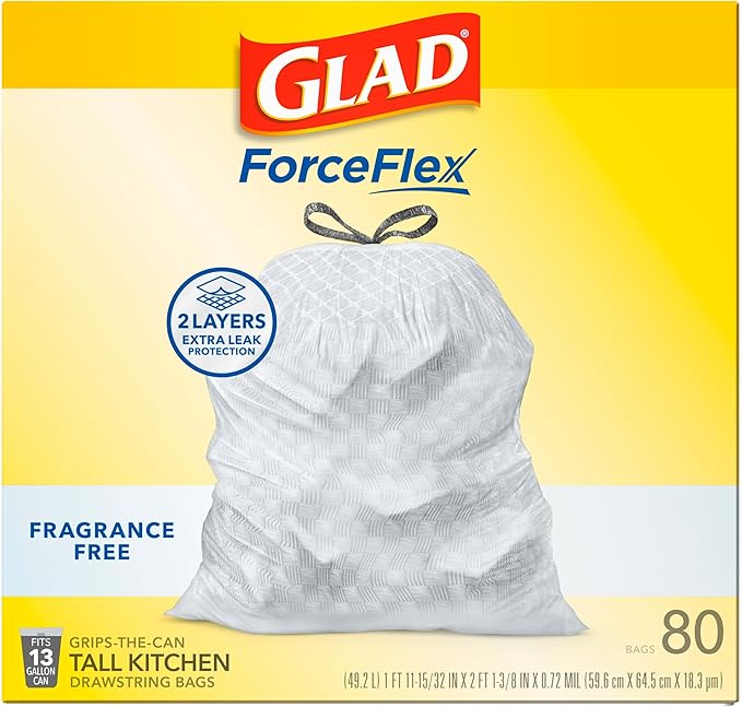 Glad ForceFlex Tall Kitchen Drawstring Trash Bags, 13 Gal, Fragrance Free, 80 Ct (Package May Vary)