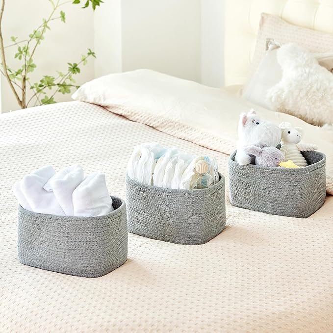 Small Cotton Rope Basket – Storage Bin for Organizing (10.6" x 6.7" x 6.7"), Bathroom Storage Basket for Shelf, Counter & Closet(Grey)