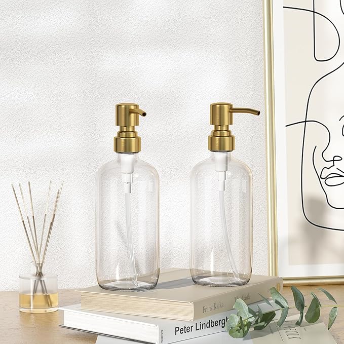 AmazerBath Soap Dispenser, 2 Pack Glass Soap Dispenser with Pump Stainless Steel, 17 Oz Clear Gold Hand Soap Dispensers for Bathroom and Kitchen