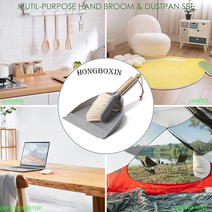 Small Dustpan and Brush Set - Mini Broom with Dustpan Set, Handheld Broom and Dust Pan Combo Set for Home, Pet Care, Car, 14 x 8.7 inch, Grey