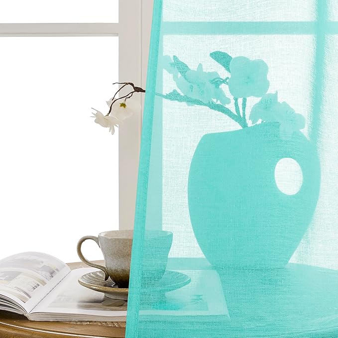 Tollpiz Short Sheer Door Curtain Closet Linen Textured Curtain Sheers Doorway Light Filtering Voile Patio Door Rod Pocket Curtains French Door, 54 x 54 inches Long, Aqua Blue, Set of 1 Panel