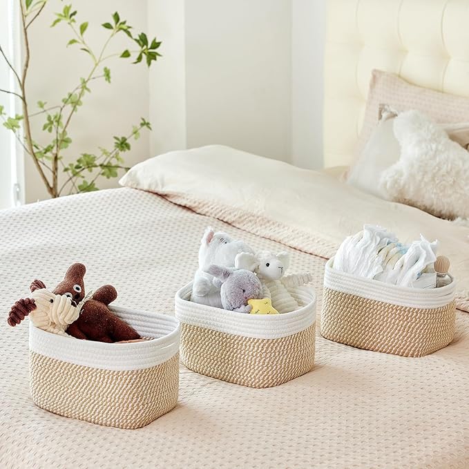 Small Cotton Rope Basket – Storage Bin for Organizing (10.6" x 6.7" x 6.7"), Bathroom Storage Basket for Shelf, Counter & Closet(White & Mixed Camel)
