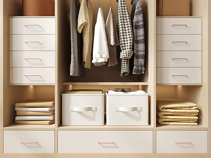 3 Pack Fabric Storage Bins for Shelves | 16.25x12x10in Closet | Collapsible Bins for Organization | Linen Clothes Storage Bins | White & Ivory