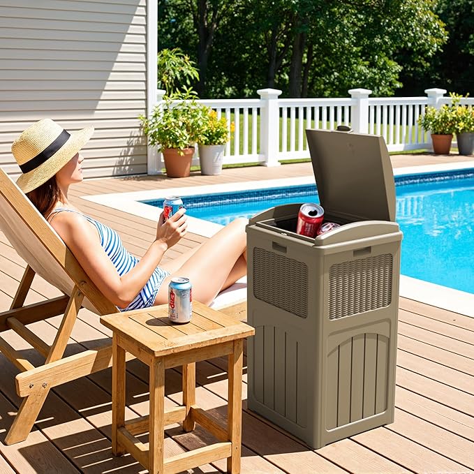 Greesum 33 Gallon Resin Outdoor Trash Can with Lid, Waterproof Resin Garbage Bin for Hideaway, Patio, Deck, 3 Pack, Light Brown