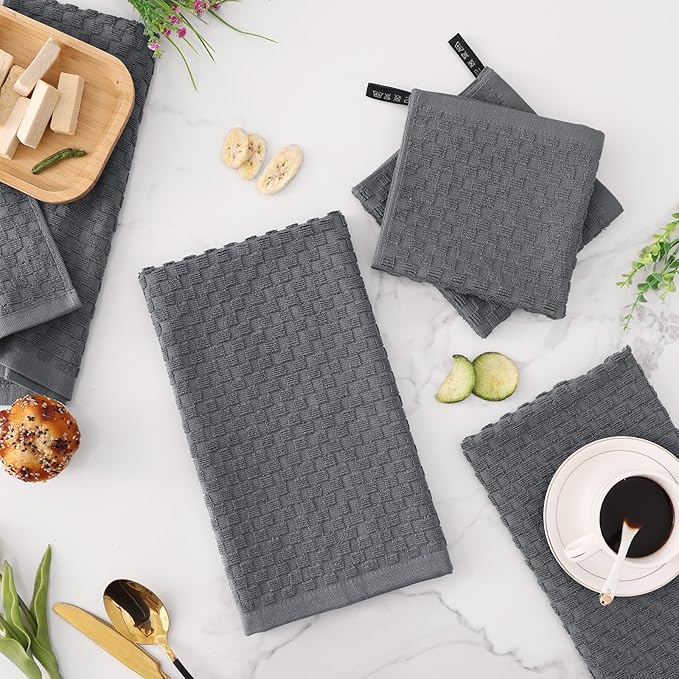 Fintale 100% Cotton Kitchen Towels and Dishcloths Set, 12 x 12 & 15 x 25 Inches, Set of 10 Bulk Super Soft and Absorbent Terry Cloth Dish Towels, Quick Drying Hand Towels with Hanging Loop, Dark Grey