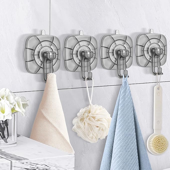 22 lb Heavy Duty Suction Cup Hooks 4 Pack - 360° Rotating Shower Hooks for Bathroom, Wall, Glass Door, Window Hanging Foldable Holder for Towel, Wreath, Cups (ABS+PC) No Drill Suction Hook Reusable