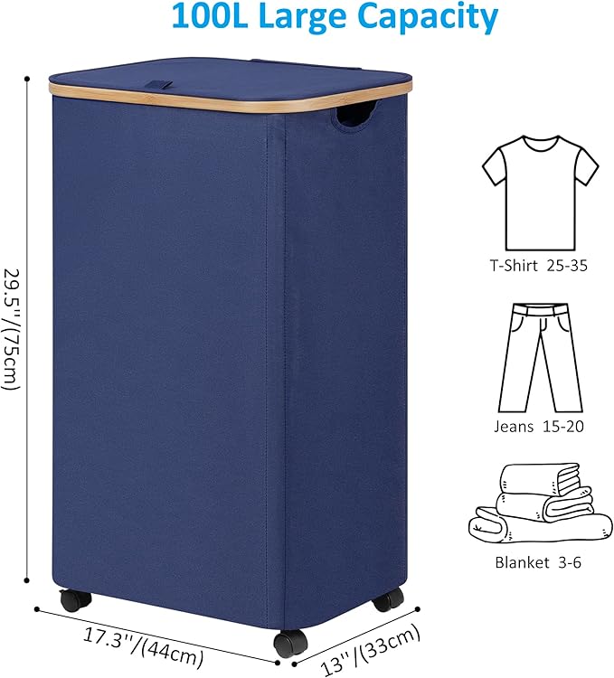 efluky Laundry Basket with Wheels, Tall Rolling Laundry Hamper with Lid and Removable Bag, Aesthetic Dirty Clothes Hamper on Wheels for Laundry Room, Bedroom, Dorm and Bathroom, 100L Blue