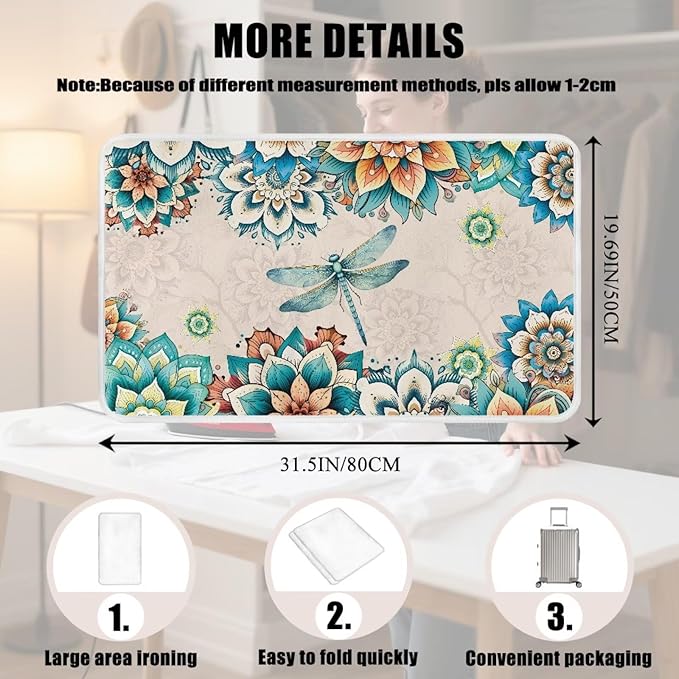 Bohemian Folding Ironing Mat Heat and Steam Resistant Dragonfly Ironing Pad 32 x 16 Inch Foldable Iron Mat for Table Top Washer,Dryer,Large Iron Board Mats Irons Pad