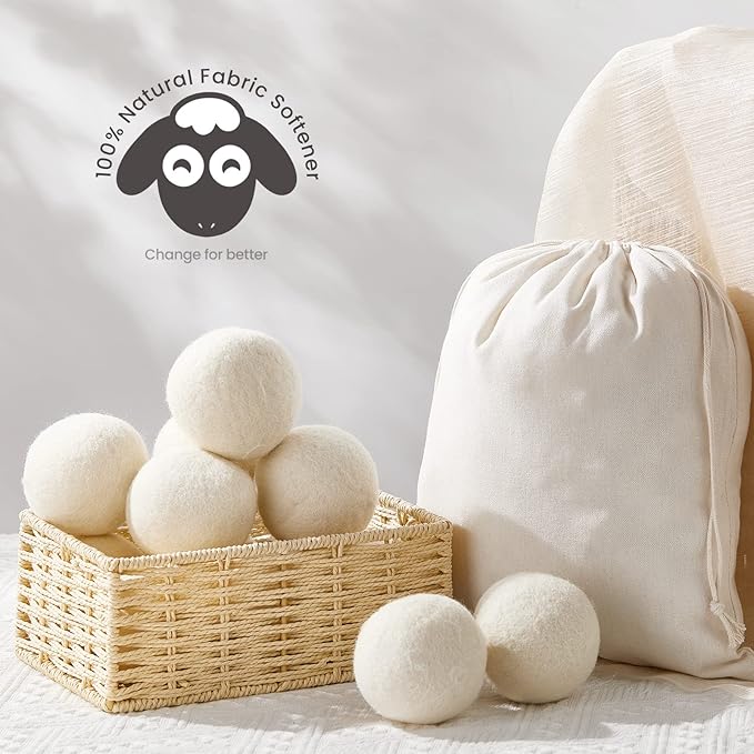 Kenning 26 Pieces Wool Dryer Balls Set, 24 Reusable Dryer Balls with 2 Muslin Bags Fabric Softener for Clothes Laundry Anti Wrinkle Anti Static Saving Energy and Time(White)