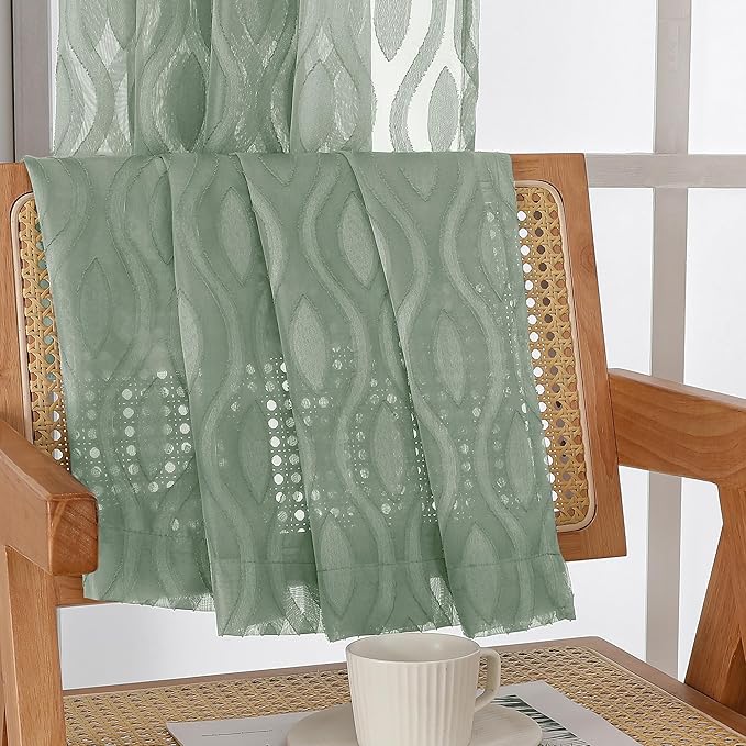 Aiyufeng Green Sheer Curtains Tiers 36 Inch Length 2 Panels Set, Airy Lightweight Clip Jacquard Short Kitchen Window Curtains, Modern Wavy Line Textured Voile Sheer Curtain Panles, 40" Wx36 L Inches
