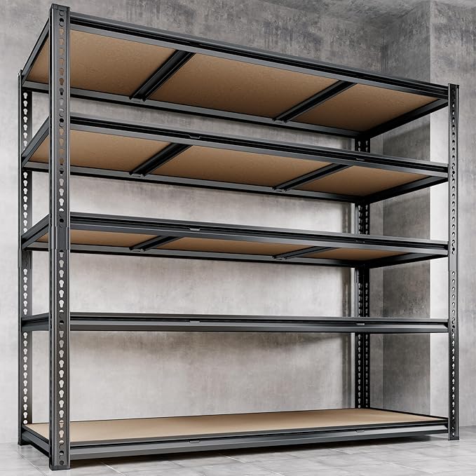 48"W Garage Shelving, 3050LBS Storage Shelves heavy duty, 5 Tier Metal Shelving Unit Adjustable Garage Shelves Heavy Duty Shelving for Warehouse,Commercial, Kitchen, 48" W × 24" D × 72" H, Black,2PCS