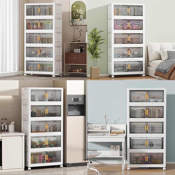 125Gal Stackable Plastic Storage Bins with Lids, Collapsible Closet Organizers and Storage with Wheels for Living Room,Office,Dorm, 30.5" W x 14.6" D x 64.6" H, 5 Tier