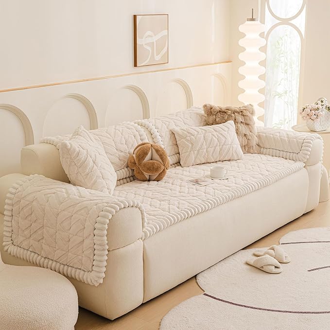 OTOB Couch Cover for Dogs Washable Pet Friendly, Non Slip Plush Funny Fuzzy Loveseat Sofa Cushion Slipcovers, All Seasons Geometric Jacquard Soft & Cozy Pet Bed Mat Protector (White, 27.6" x 47.2")