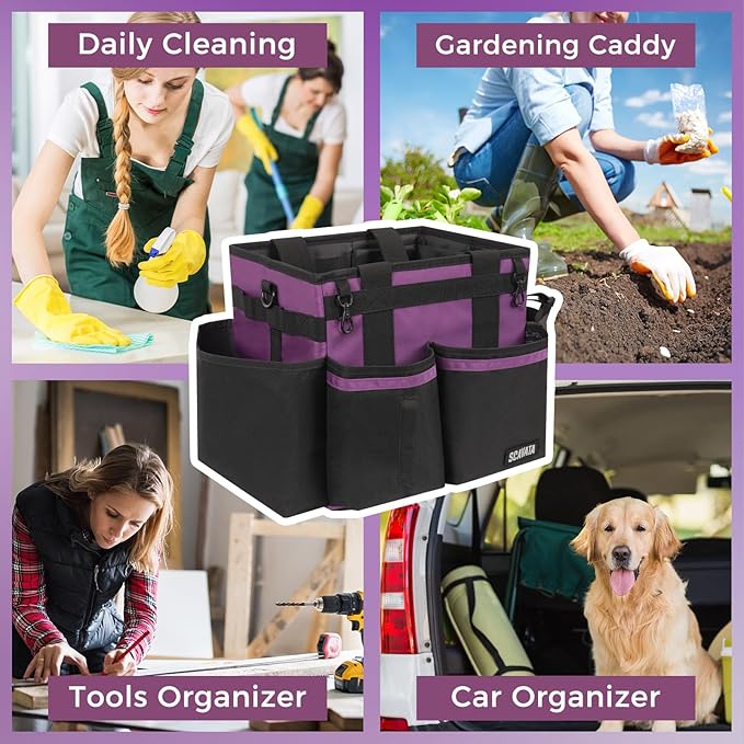 Compact Wearable Cleaning Caddy, Small Cleaning Caddy Supplies Organizer with Handle & Shoulder Straps for Housekeepers, Under Sink & Car Cleaning Tool Organizers Bag (RoyalPurple)