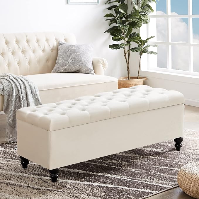 Storage Ottoman 50.2 Inches Upholstered Fabric Storage Ottoman Bench,Button Tufted Ottoman with Storage for Living Room,Bedroom End of Bed Bench Withstands 304lbs (Ivory)