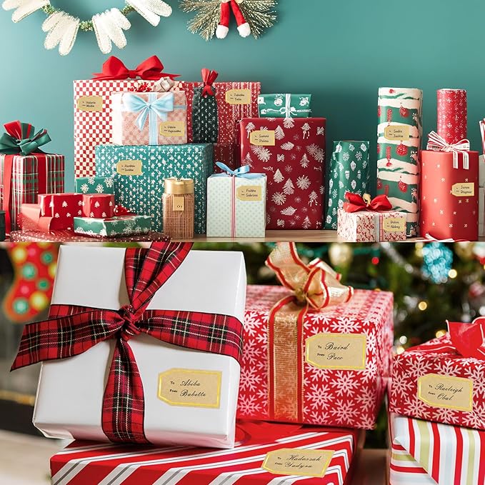 600PCS Gift Tag Stickers, 1.18" x 2" Gold Border Christmas Gift Tags Stickers, Brown Kraft to and from Gifts Labels Self Adhesive Christmas Labels Holiday Present Label, Perforated line Design