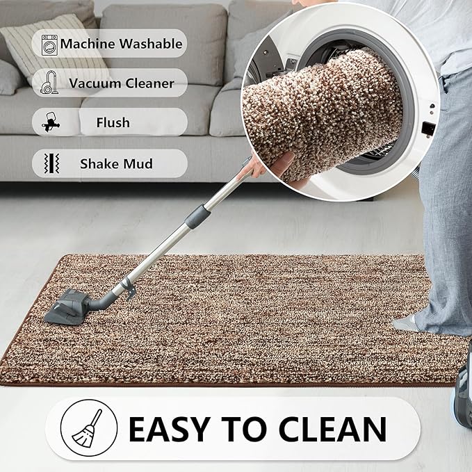 REFETONE Indoor Doormat, Front Door Mat 32"x48" Absorbent Rubber Backing Non Slip Door Mats, Washable Low-Profile Inside Floor Mat Door Rugs for Entryway, Resist Dirt Mud Mat for Dogs, Coffee/Brown