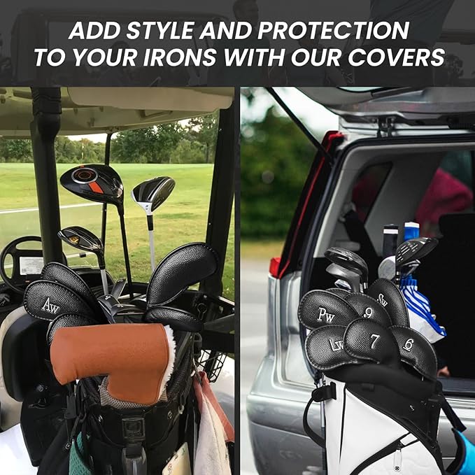 FINGER TEN Premium Synthetic Leather Stylish Iron & Wedge Golf Head Covers Value 12 Piece Set, Embroidered Labels & Fits Most Clubs Gift Set, Travel Protection Accessories