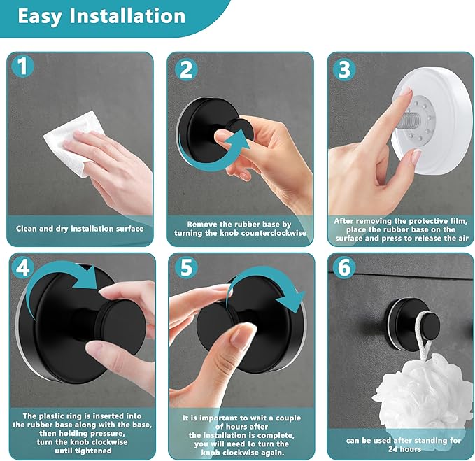 Suction Cup Hooks for Shower,Removable No Drill Towel Hooks,Upgraded 15 lbs Strong Suction hooks for Bathroom Tile,Shower Wall,Glass Door,Kitchen-Loofah,Coat,Stainless Waterproof-Matte Black 4 Pcs