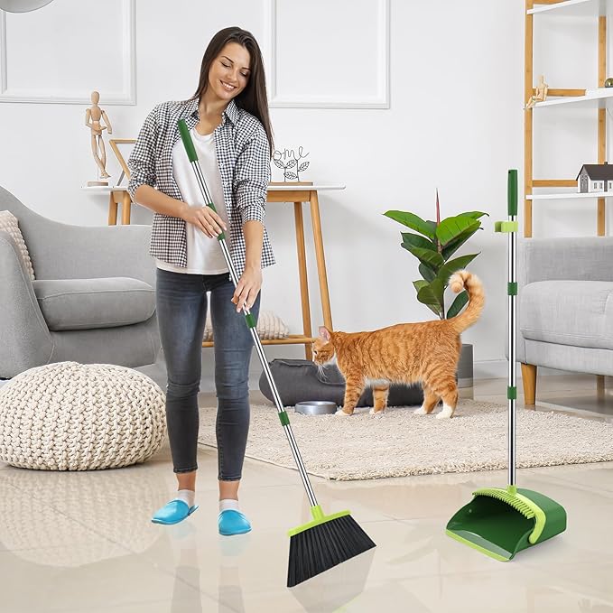 Broom and Dustpan Set, 52-in Long Adjustable Handle Broom Dustpan Combo with Dust pan Teeth to Automatically Clean Hair Suitable for Home Kitchen Office Hall Floor(Green)