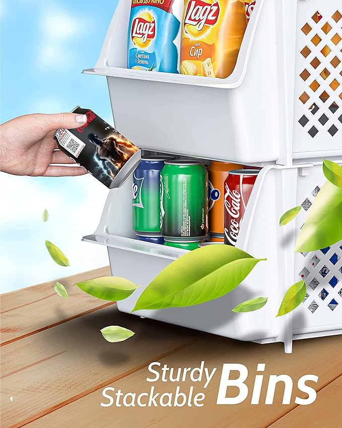 TidyFriend Plastic Stackable Bins for Pantry, 6 Pack Stacking Bins Open Front Kitchen, and Bathroom Organization, Open Front Design (White)