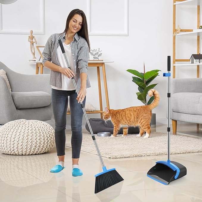 NACENA Broom and Dustpan Set, 52-in Long Adjustable Handle Broom Dustpan Combo with Dustpan Teeth to Automatically Clean Hair Suitable for Home Kitchen Office Hall Floor(Black&Blue)