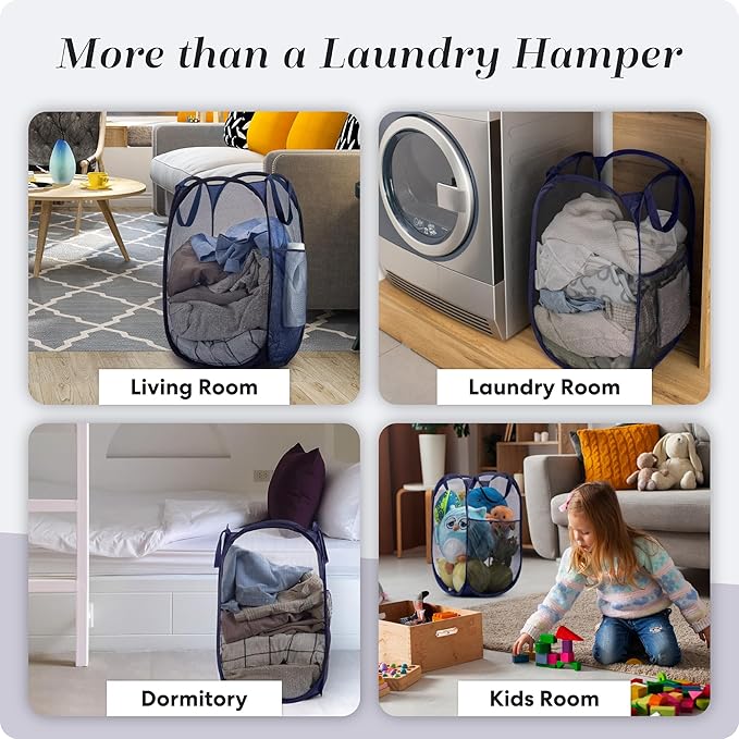 Handy Laundry Collapsible Mesh Pop Up Hamper with Wide Opening and Side Pocket - Breathable, Sturdy, Foldable, and Space-Saving Design for Clothes and Storage (Blue | 2-Pack)