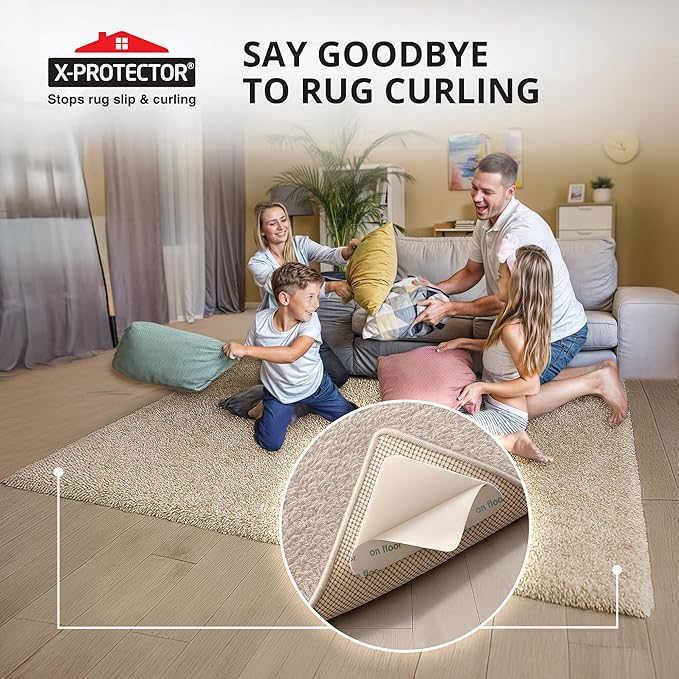 X-Protector Rug Tape - 12 Pcs Set - White Anti-Slip & Anti-Curling Carpet Tape for Hard Floors - Premium Rug Pad Gripper - Ideal Carpet Corner Grippers to Keep Your Carpet in Place & Make Corners Flat