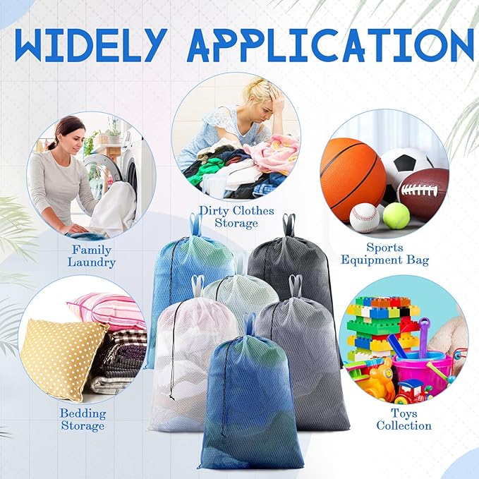 6 Pack 24 x 36 Inches Blue Mesh Laundry Bag with Handles Machine Washable Secure Drawstring Closure Large Sturdy Mesh Net Laundry for College Travel Dorm Laundromat