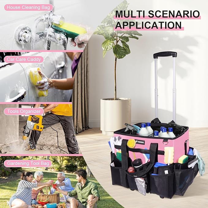 Large Rolling Cleaning Caddy Bag with Wheels, with Detachable Trolley, Cleaning Bags on Wheels for Housekeepers, Cleaning Cart Supplies Organizer for Home, Car, Picnic (Pink)